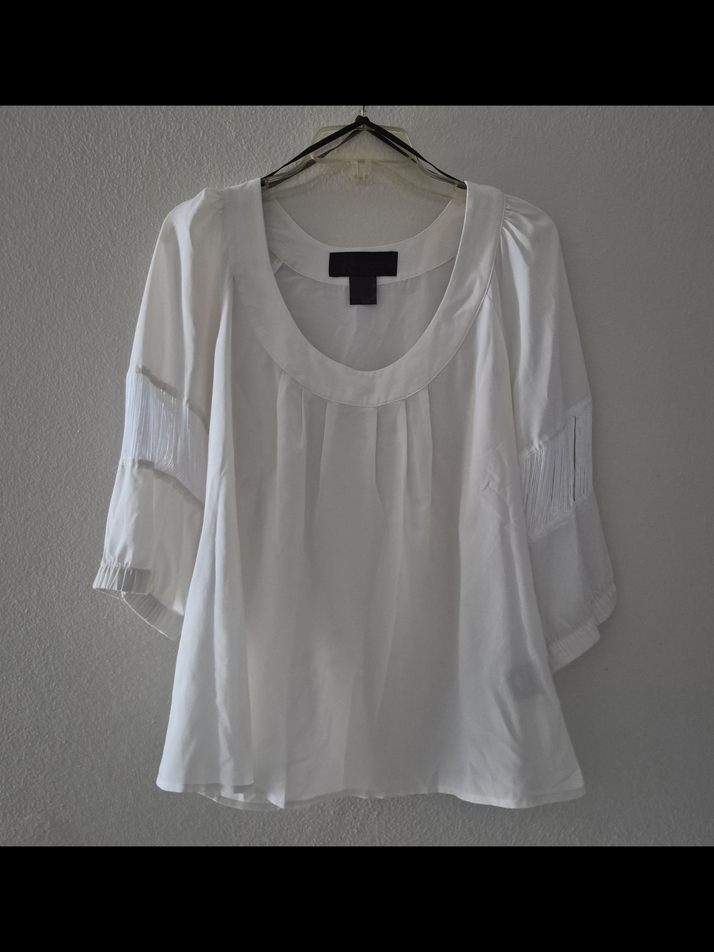 Kardashian Kollection White Scoop-Neck Blouse with Fringe Trim Sleeves